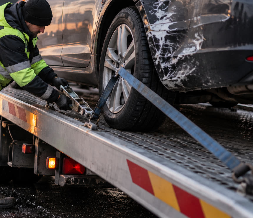 Mașină fixată cu chingi pe platformă de tractare